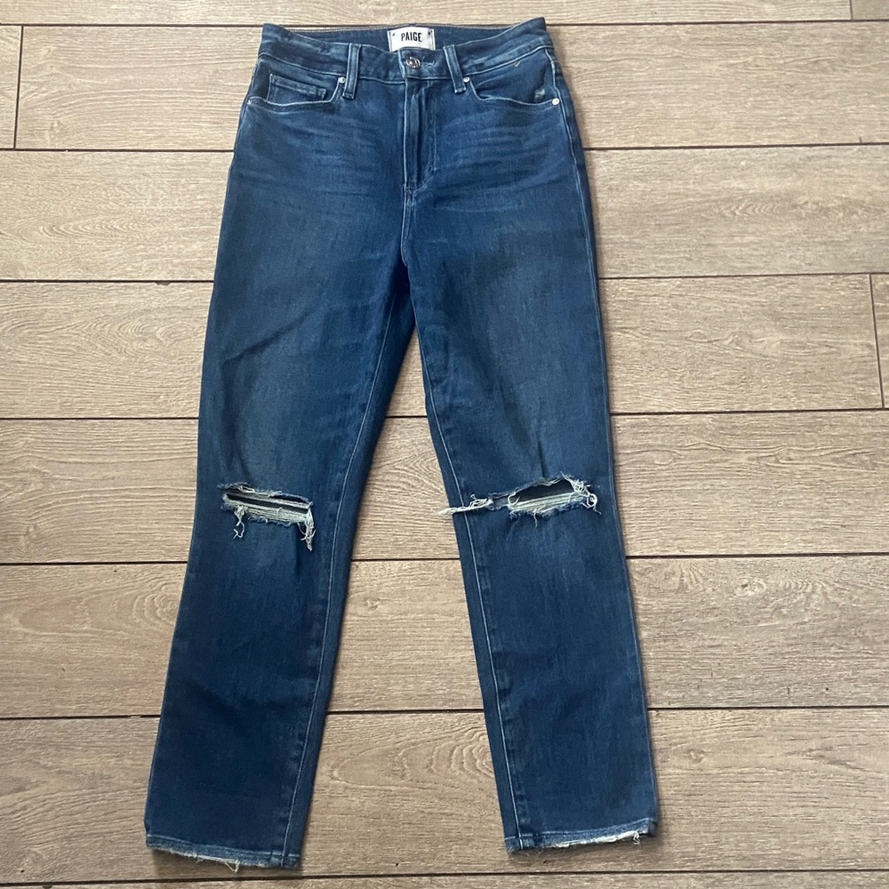 PAIGE Dark Indigo Straight Leg Jeans with Knee Rips